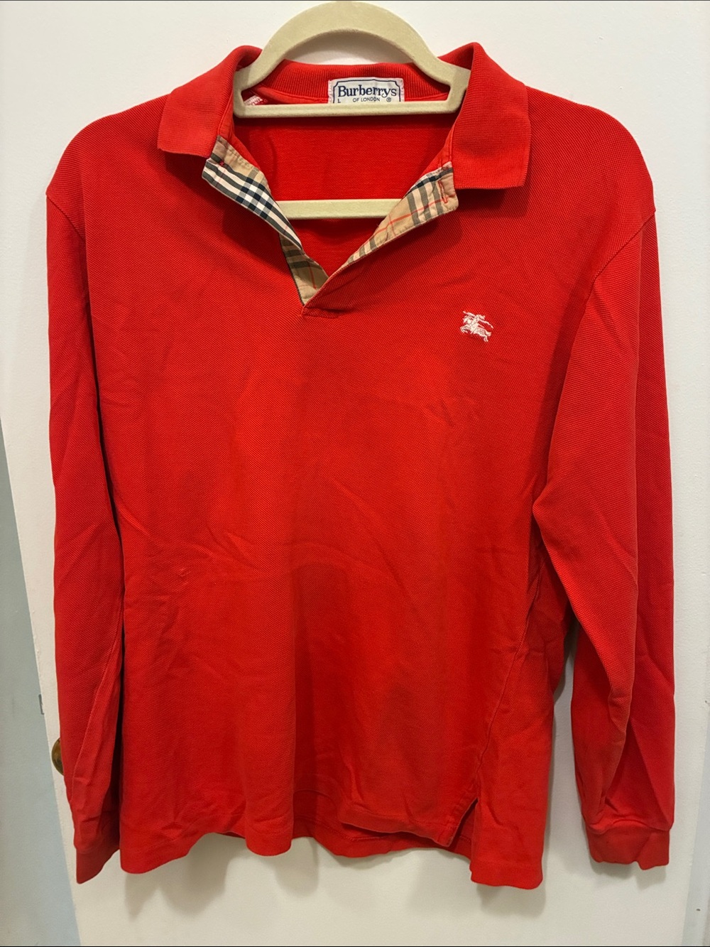 Burberry Red Long Sleeve Polo with Signature Check Trim